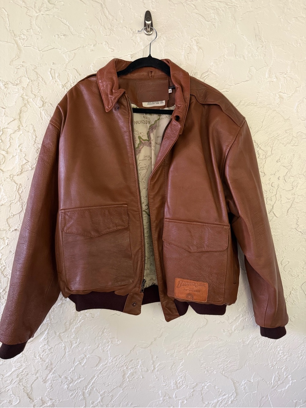 Indiana Jones Men's Brown Leather Bomber Jacket with Front Flap Pockets